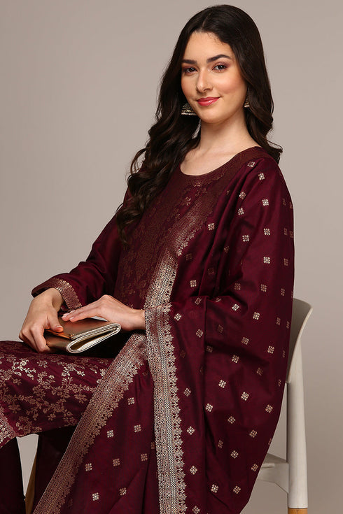 Plus Size Maroon Poly Chanderi Woven Design Straight Suit Set